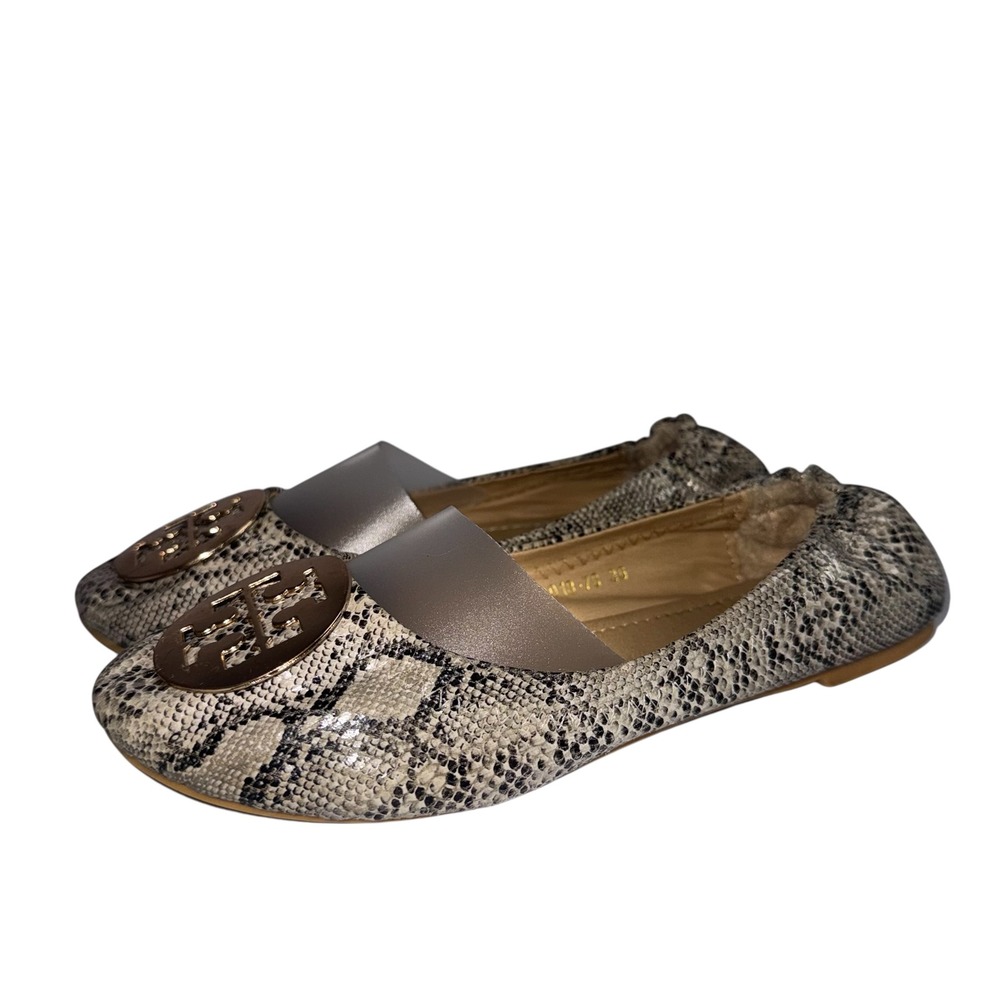 Tory Burch Minnie Travel Ballet Flats Snakeskin Embossed‎ Gold Logo 36 N3018-7S